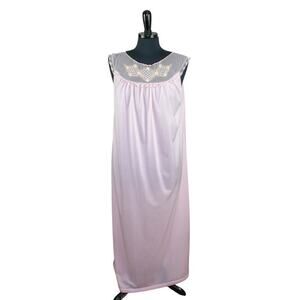 Vintage Philmaid Long Pastel Pink Nightgown Embroidered Ruffle Lace M